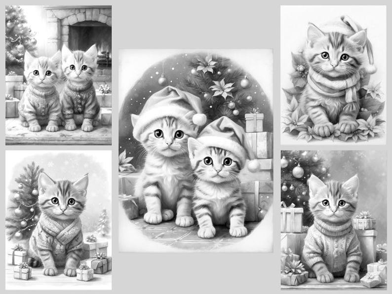 May include: A collection of five black and white illustrations featuring kittens in holiday settings. The images depict kittens wearing sweaters or Santa hats, surrounded by Christmas trees, wrapped gift boxes, and poinsettia flowers.