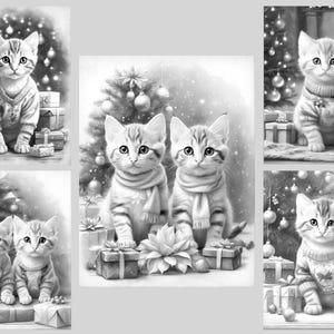 May include: A collection of five black and white illustrations featuring kittens in holiday settings. The images depict kittens wearing sweaters or scarves, sitting near decorated Christmas trees and wrapped gift boxes in various festive scenes.