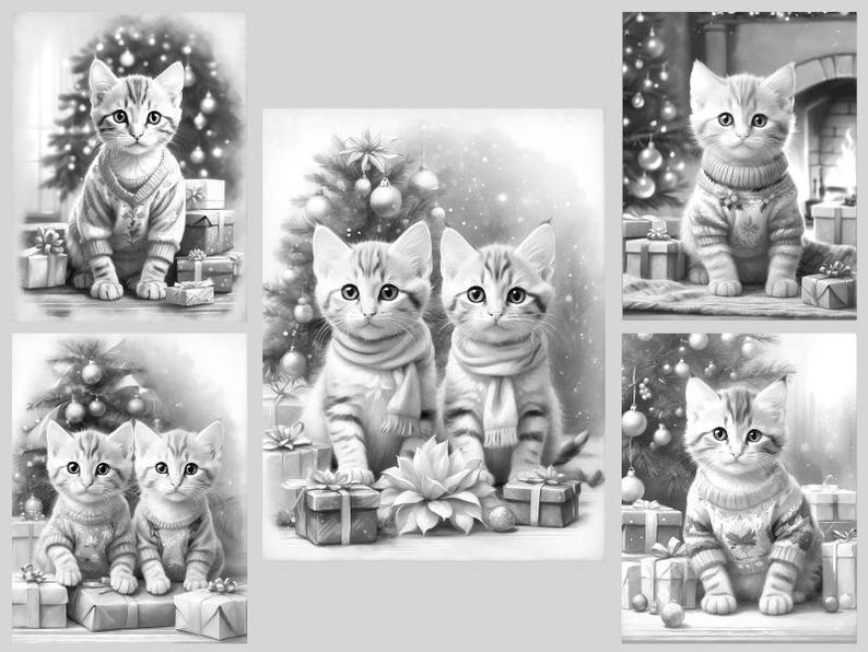 May include: A collection of five black and white illustrations featuring kittens in holiday settings. The images depict kittens wearing sweaters or scarves, sitting near decorated Christmas trees and wrapped gift boxes in various festive scenes.