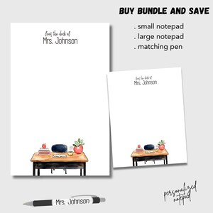 May include: Two white notepads with the text "from the desk of Mrs. Johnson" and a desk illustration. A matching pen with the same name is also shown. The text "BUY BUNDLE AND SAVE" is at the top.
