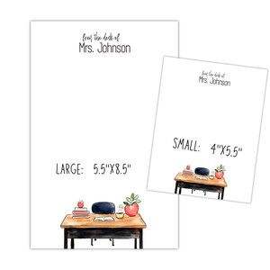 May include: Two white notepads with the text "from the desk of Mrs. Johnson". The larger notepad measures 5.5" x 8.5", and the smaller one is 4" x 5.5". Both feature a desk illustration with books, an apple, and a plant.