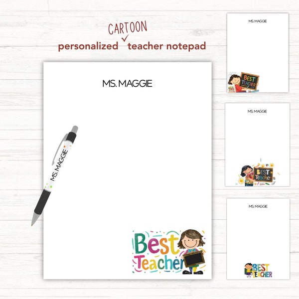 Cartoon Teacher Personalized Notepad, Teacher Notepad, Teacher Gift, Personalized Notepad, Teacher Graduation, Personalized Teacher Gift