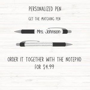 May include: Two black and white personalized pens. One pen has the name "Mrs. Johnson" printed on it. The other pen has a black and white zigzag pattern. The text "PERSONALIZED PEN" and "GET THE MATCHING PEN" are also visible.