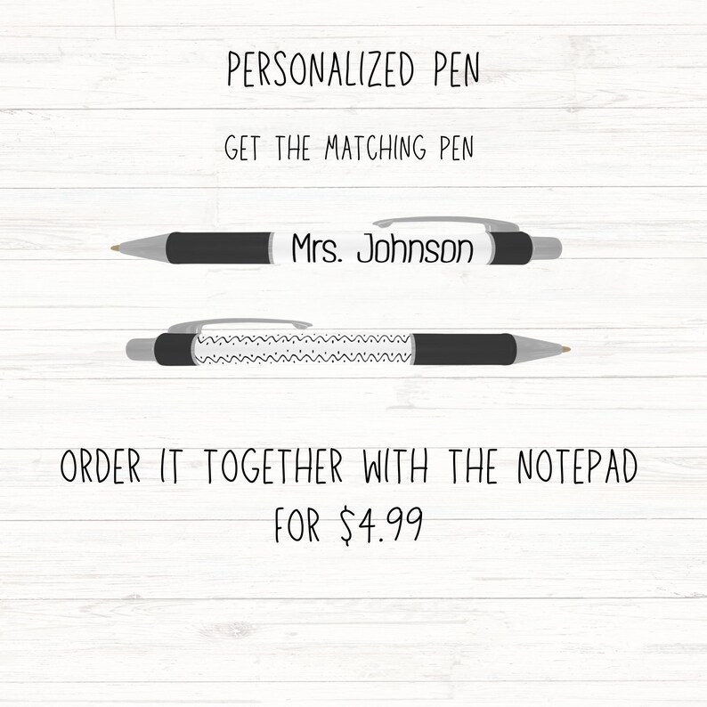 May include: Two black and white personalized pens. One pen has the name "Mrs. Johnson" printed on it. The other pen has a black and white zigzag pattern. The text "PERSONALIZED PEN" and "GET THE MATCHING PEN" are also visible.
