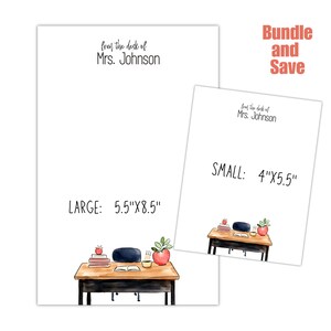 May include: Two white notepads with the text "from the desk of Mrs. Johnson". The larger notepad is 5.5" x 8.5", and the smaller one is 4" x 5.5". Each notepad has a watercolor illustration of a desk with books, an apple, and a plant.