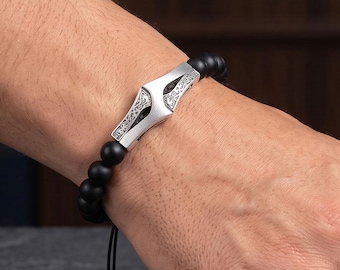 Black Onyx Beaded Bracelet, 925 Sterling Silver Mens Jewelry, Root Chakra Grounding Stone, Husband Gift