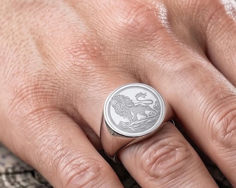 Lion Head Ring, Sterling Silver Mens Signet Ring, Strength Courage, Father's Day Gift