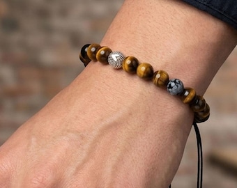 Personalized Mens Tiger Eye Bracelet, Sterling Silver Horus Protection, Custom Engraved Charm, Boyfriend Gift