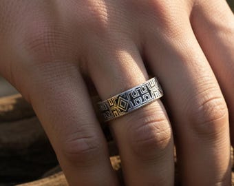 Silver Tribal Pattern Ring: Mens Sterling Silver Band, Engraved