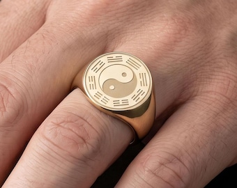 Yin Yang Bagua Ring, Taoist Signet Jewelry, Sterling Silver, Balance Harmony Talisman, Spiritual Gift