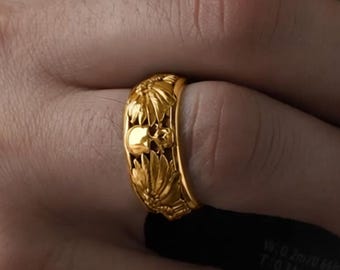 14K Solid Gold Raven Skull Ring for Men: Gothic Gold Band Ring, Viking Raven Ring, Skull Ring Mens Jewelry