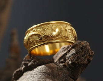 14K Solid Gold Koi Carp Ring: Japanese Fish Band, Men's Statement Jewelry