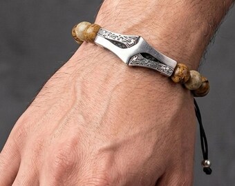 925 Sterling Silver Jasper Bracelet, Adjustable Mens Gemstone, Birthday Gift Him, Protective Stone
