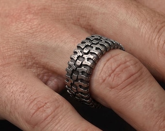 Rock Bouncer Tire Ring, Textured 925 Sterling Silver Ring, Mens Biker Gift