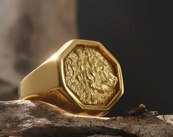 14k Solid Gold Lion Signet Ring: Regal King Statement Jewelry