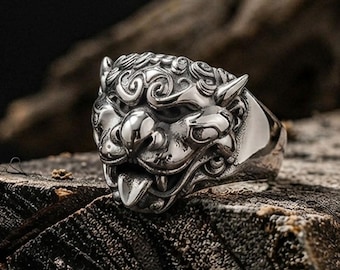 Foo Dog Ring Sterling Silver Ring, Chinese Guardian Lion for Men, Protection Statement