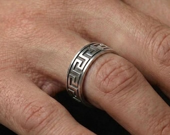 Greek Key Meander Ring, Sterling Silver Unisex Band, Ancient Infinity Wedding Gift
