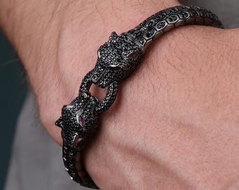 Black Panther Tiger Bracelet for Men, Gothic Animal Head Cuff, Statement Wildcat Bracelet, Luxury Punk Bangle, Fierce Jaguar Jewelry Gift