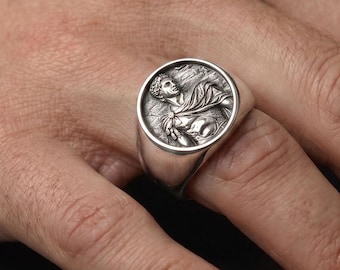 Roman Emperor Signet Ring for Men, 925 Sterling Silver, Ancient Caesar Statement Gift