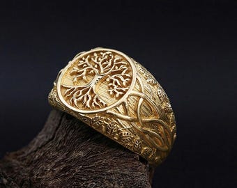14K Solid Gold Tree of Life Signet Ring: Symbolic Nature Jewelry