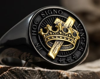 Anillo con sello de la Corona Templaria: Joyería masónica de plata de ley con cruz de caballero.