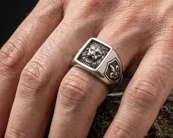 Lion Head Fleur de Lis Signet Ring, 925 Sterling Silver Band Statement for Men