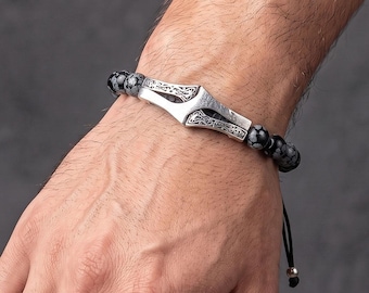 Mens Obsidian Bracelet, Adjustable 925 Sterling Silver Bracelet, Protection, Father's Day Gift