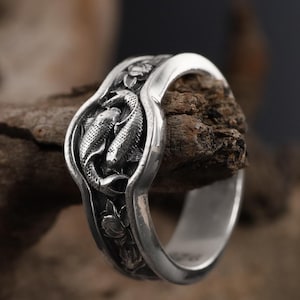 925 Sterling Silver Koi Fish Ring: Yin Yang Symbol Wedding Band for Men