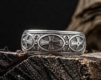 Templar Cross Band Ring, 925 Sterling Silver Knights Men, Medieval Crusader Christian Gift
