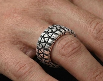 Off Road Mud Tire Ring, Sterling Silver Mens Band, Mudding 4x4 Enthusiast Gift Him