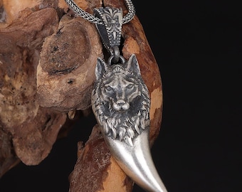 Silver Wolf Tooth Necklace, Wolf Head on Wolf Tooth Necklace, Animal Teeth Necklace, Nordic Wolf Tooth Pendant, Viking Necklace