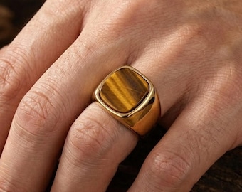Anillo de sello ojo de tigre, banda para dedo meñique de plata de ley 925, joyería llamativa para hombre