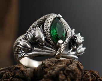 Mythological Serpent Ring: Gemstone Snake Statement Ring, Two Serpents Fantasy Signet Ring