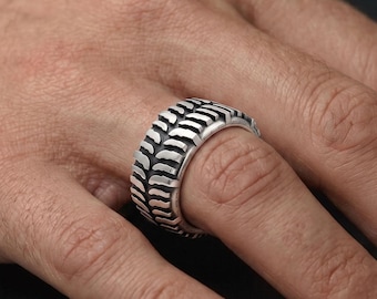 Mud Tire Tread Ring, Sterling Silver Off Road Band, 4x4 Truck Mudding Enthusiast Gift