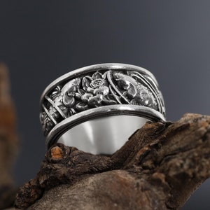Sterling Silver Koi Fish Ring: Floral Japanese Band, Handmade