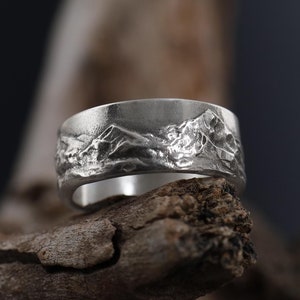 925K zilveren bergketenbandring, bergsieraden, mannen gegraveerde alternatieve verlovingsring, 3D-bergring, cadeau natuurliefhebber