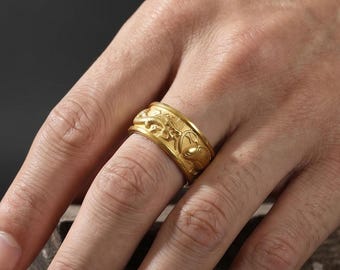 Gold Plated Dragon Koi Carp Band Ring: Japanese Symbolic Statement Jewelry, Fish Band Ring