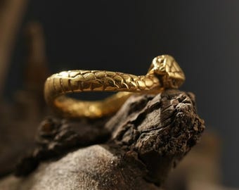 14K Solid Gold Serpent Ring: Handmade Ouroboros Snake Band, Gothic Reptile Jewelry