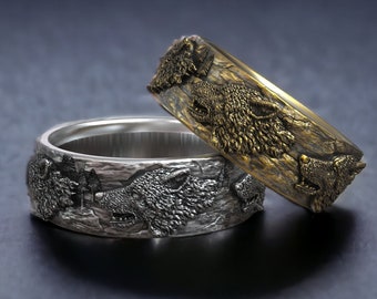 Wolf Silver Band Ring, Textured Band Ring for Men, Animal Jewelry, Cool Rings, Men Unique Wedding Bands, Wolf Jewelry, Gold Plated Band Ring