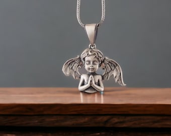 Handmade Sterling Silver Angel Pendant Necklace, Religious Jewelry