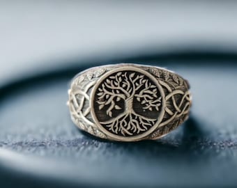 Anello Yggdrasil in argento da uomo, Anello da uomo con albero della vita, Anello con sigillo fatto a mano, Anello spirituale, Anello di dichiarazione maschile, Gioielli dell'albero della vita