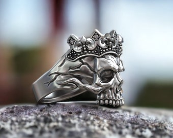 Skull Head with Tiara Ring, Men Gothic Ring, 3D Skull Head Ring, Sterling Silver Punk Ring, Skull Jewelry, Gothic Jewelry, Handmade Men Ring