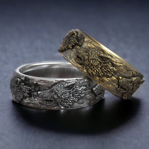 Wolf Silver Band Ring: 925K Sterling Silver Textured Band Ring for Men