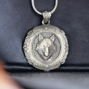 Vintage Medallion Necklace with Wolf, Engraved Wolf Necklace, Medallion Pendant, Gothic Jewelry, Handmade Men Necklace