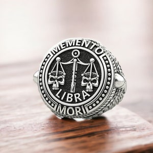 Gothic Memento Mori Ring, Waage Symbol Ring, Handgemachter Horoskop Ring, Silber Signet Sternzeichen Ring, Astrologie Ring für Männer