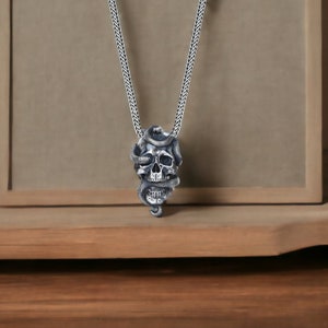 Silver Skull with Snake Necklace, Gothic Jewelry, Serpent Necklace, Skull Pendant, Cool Men Necklace, Punk Necklace, Biker Jewelry