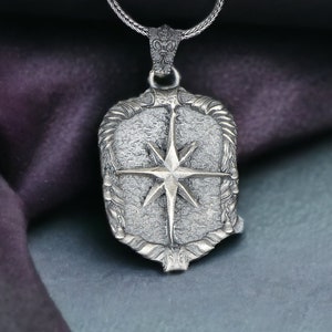 North Star Medallion Necklace, Silver Celestial Necklace for Men, North Star Pendant, Oxidized Necklace, Medallion Pendant