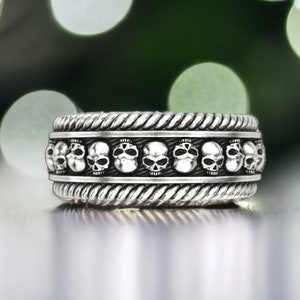 Silver Skulls Band Ring, Gothic Band Ring, Engraved Band Men Ring, Men Gothic Engagement Ring, Skull Jewelry for Men, Cool Gifts