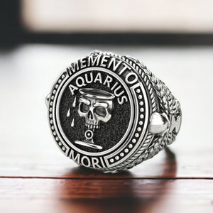 Silver Aquarius Signet Ring, Skull Zodiac Ring, Memento Mori Ring, Silver Astrology Jewelry, Horoscope Ring, Aquarius Zodiac Sign Ring