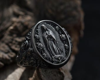 Jungfrau Maria Ring, 925 Sterling Silber Guadalupe Signet, katholischer Glaube Schmuck, religiöses Geschenk